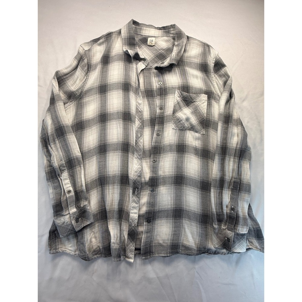 Gap Womens Grey White Plaid Button Down Long Sleeve Shirt Size XXL